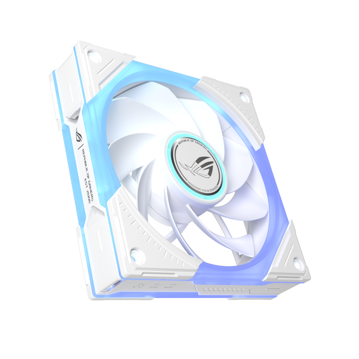 ROG Eurux GR120 ARGB Fan reverse blade White hero angle with ARGB lighting and three independent lighting zones