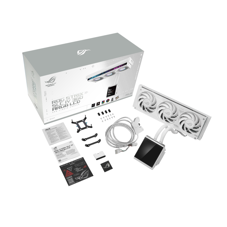 ROG Strix SLC IV 360 ARGB LCD White Edition – full product packaging flat-lay with box, cooler unit, LCD pump, cables, brackets, and manuals