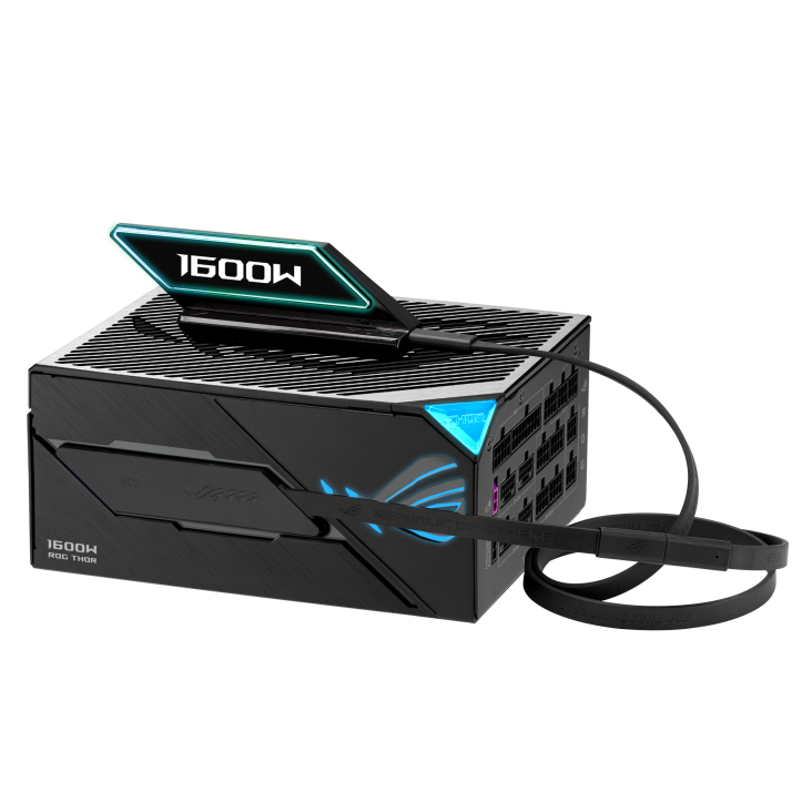 ROG Thor 1600W Titanium III EVO top-down angle with OLED extender and display showing 1600W