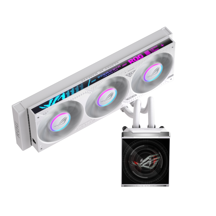 ROG Strix SLC IV 360 ARGB LCD White Edition – three-quarter diagonal view of the full unit with the fan radiator and a separate LCD pump block below