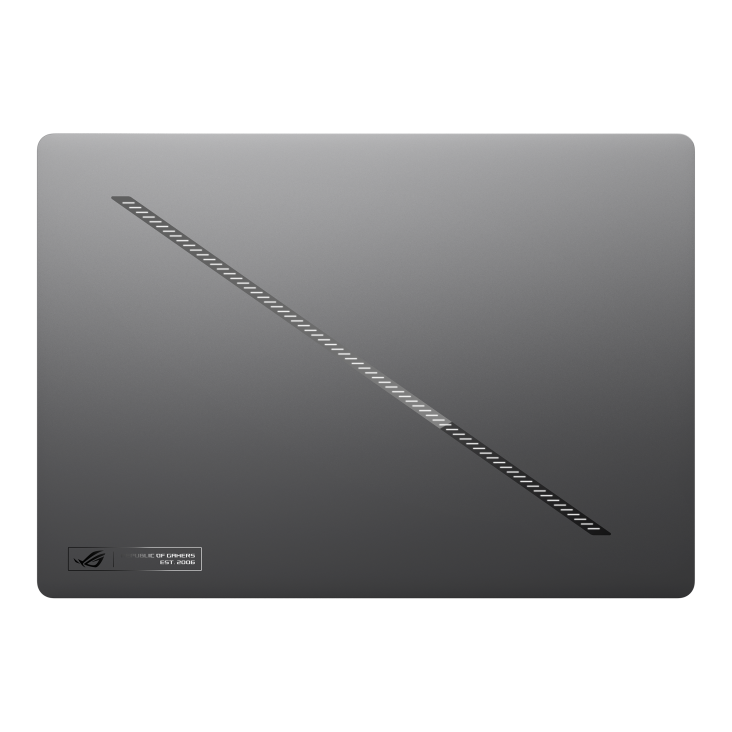 15_2026 Zephyrus G14 Top down view of the Zephyrus G14 with the lid closed, with emphasis on the Slash Lighting