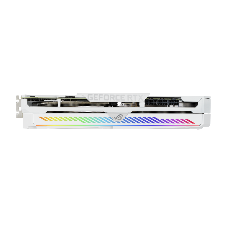 ROG-STRIX-RTX3080-10G-WHITE-V2 graphics card, top view, highlighting the ARGB element