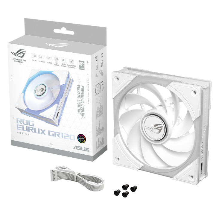 ROG Eurux GR120 ARGB Reverse Fan White single pack color box, with accessories 