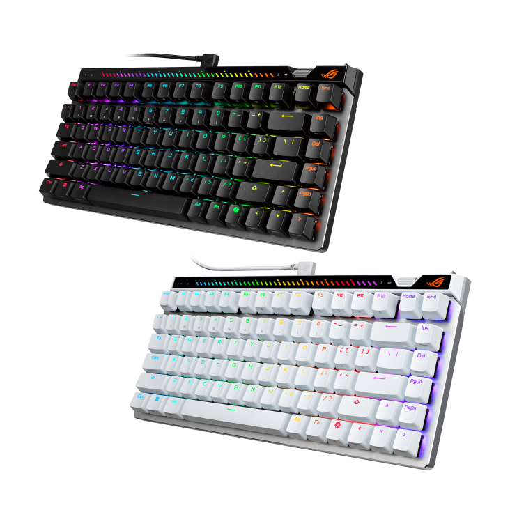 Black and white ROG Falchion Ace 75 HE gaming keyboard front view to the left