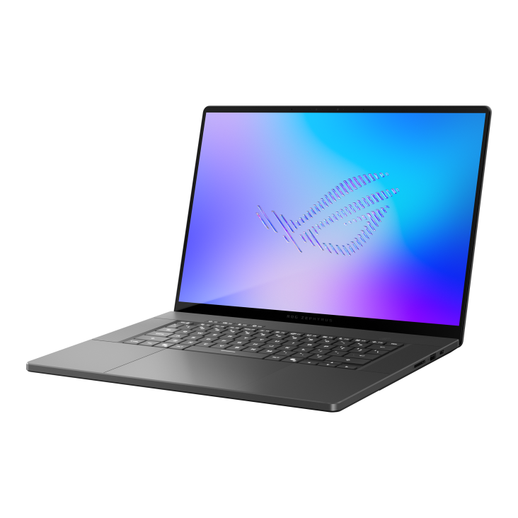 07_2026 Zephyrus G16 Off center shot of the front of the Zephyrus G16, with the ROG Fearless Eye logo on screen