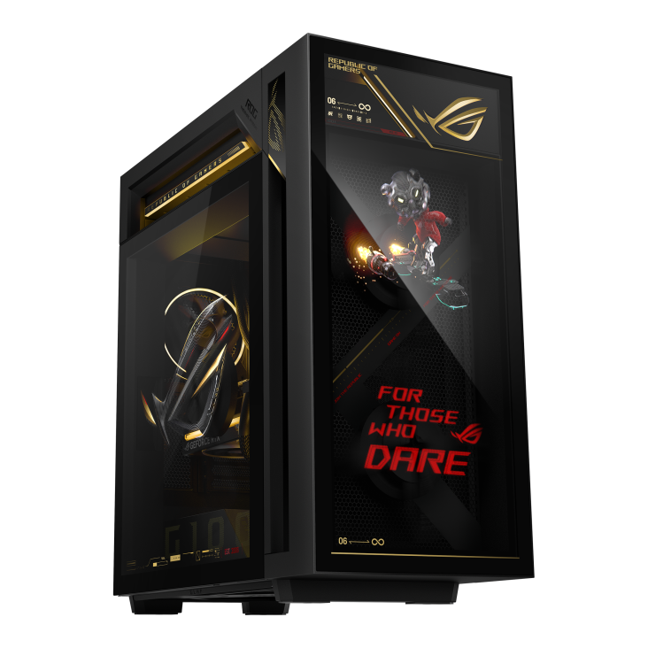ROG G1000 (2026) GM1000 Edition 20 A hovering ROG logo is projected from the fan, with a joystick on the left glass