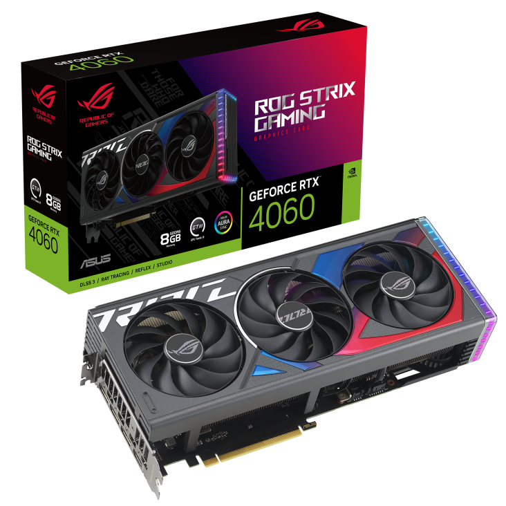 ROG STRIX GeForce RTX 4060 packaging and graphics card