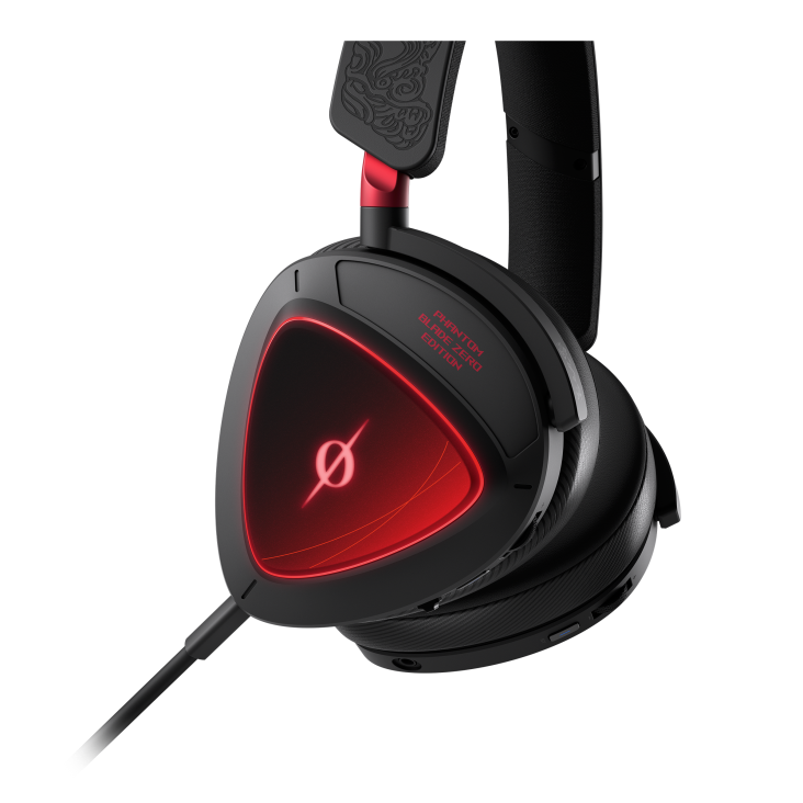 gaming headset - side close-up with glowing red Phantom Blade Zero emblem