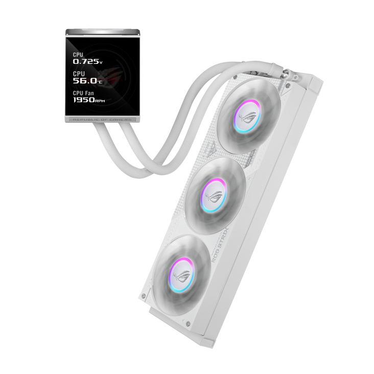 ROG Strix LC IV 360 ARGB LCD White Edition – diagonal composition with the LCD readout panel above the radiator, three fans shown at an angle