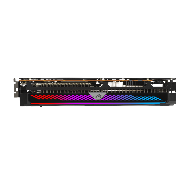 ROG-STRIX-RX6700XT-O12G-GAMING graphics card, angled top view, showing off the ARGB element
