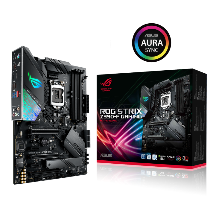 ROG STRIX Z390-F GAMING angled view from left with the box and Aura Sync