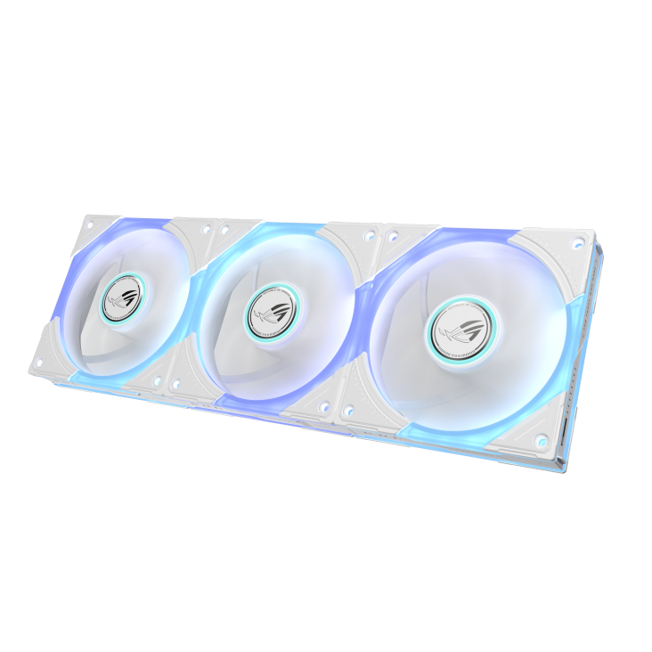 Angled view of the triple ROG Eurux GR120 ARGB fans, showcasing the white frame, red and white RGB ring illumination with rotating fan blade