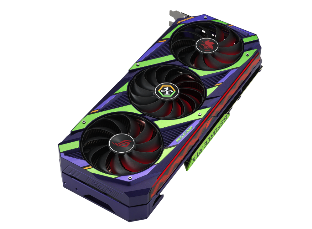 Highlighting the axial-tech fans and ARGB element of the ROG Strix GeForce RTX 3080 12GB EVA Edition graphics card