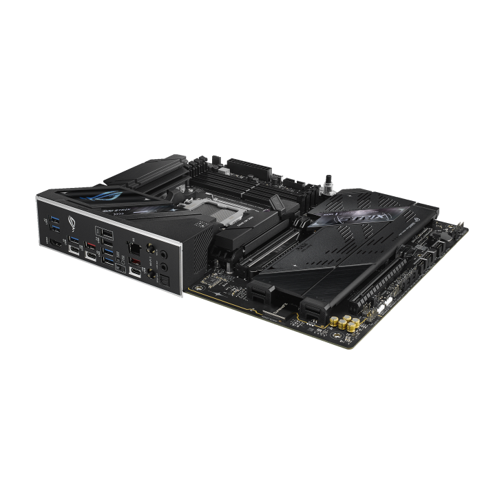 Low-angle side profile of the ROG Strix B850-F Gaming WiFi 7 Neo motherboard 