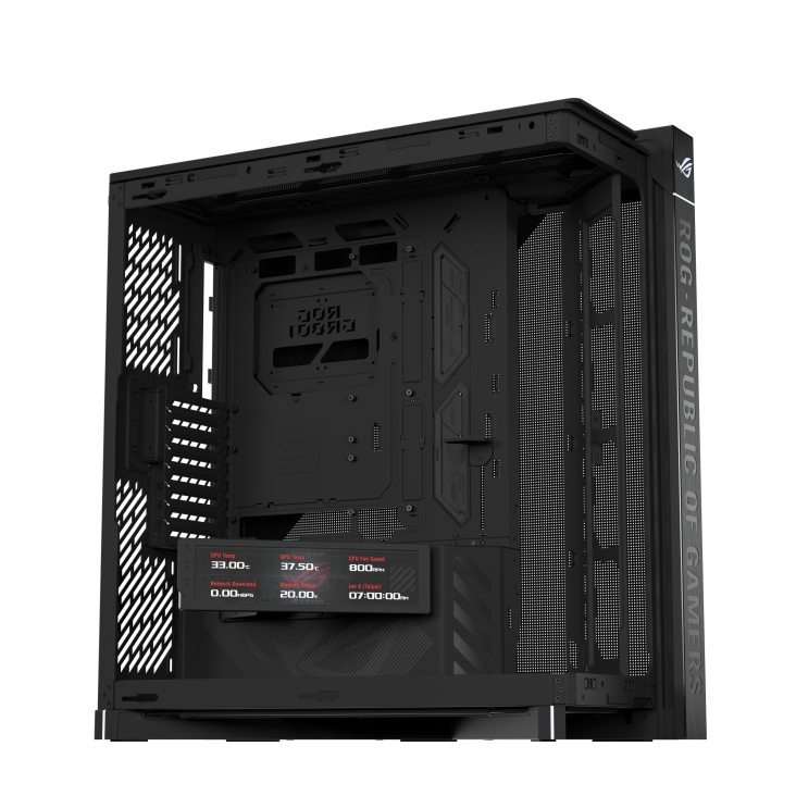 Angled interior view of ROG Cronox Dual TG Black with side fan bracket
