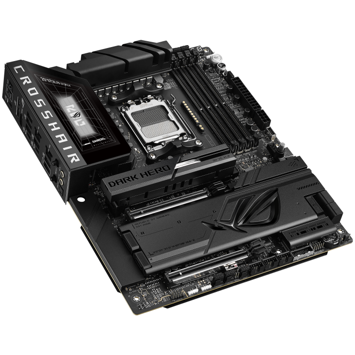 ROG Crosshair X870E Dark Hero top-down view, 45 degrees