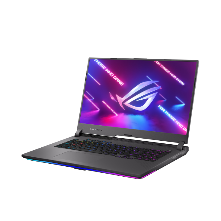 Off center front view of the Eclipse Gray ROG Strix G17, with the ROG logo on screen and keyboard illuminated.