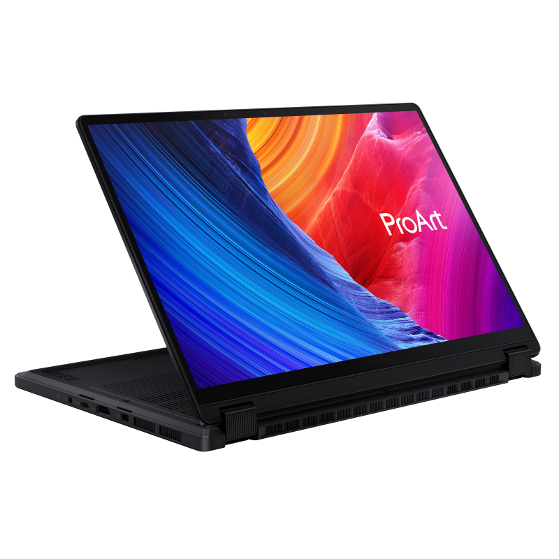 Nano Black ProArt PX13 display in stand mode, opened from the front view, tilting at 45-degree from the left side.