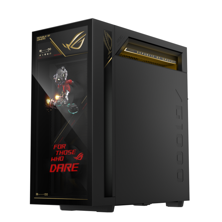 ROG G1000 (2026) GM1000 edition 20 A hovering ROG logo is projected from the fan, with a joystick on the left glass