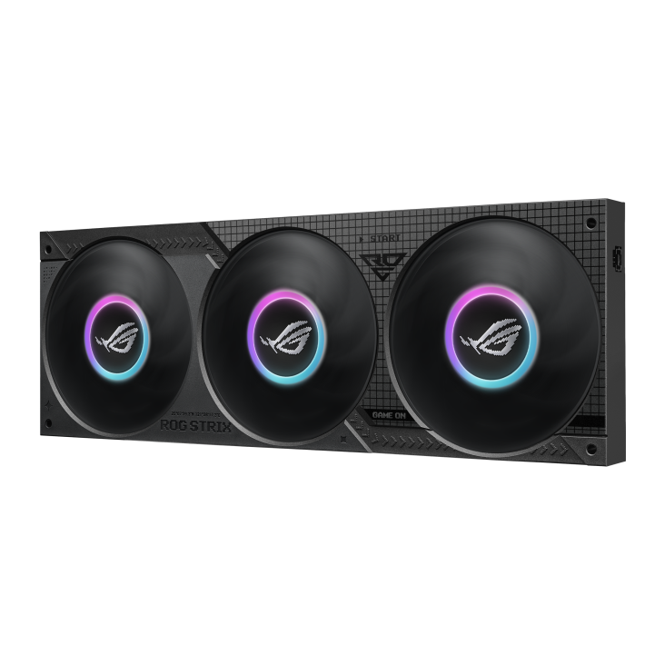 ROG Strix SLC IV 360 ARGB LCD – flat top-down view of the radiator and three fans with the wordmark and grid texture visible