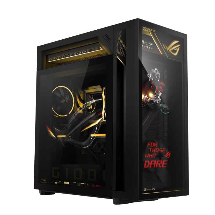 ROG G1000 (2026) GM1000 edition 20 A hovering ROG logo is projected from the fan, with a joystick on the left glass 