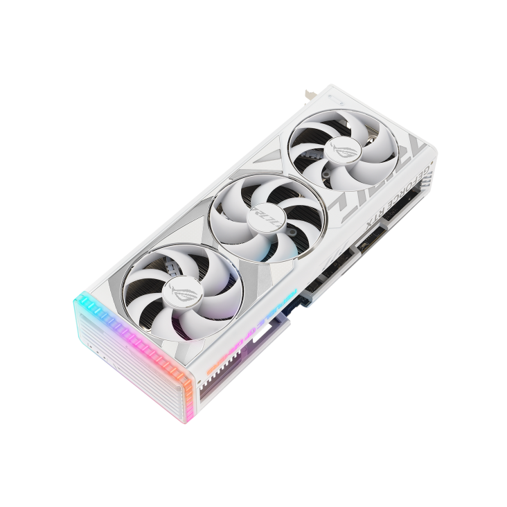 Front angled view of the ROG Strix GeForce RTX4080 SUPER White edition graphics card1