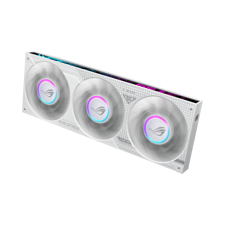 ROG Strix SLC IV 360 ARGB LCD White Edition – three-quarter tilted view of the three fans only, radiator angled diagonally