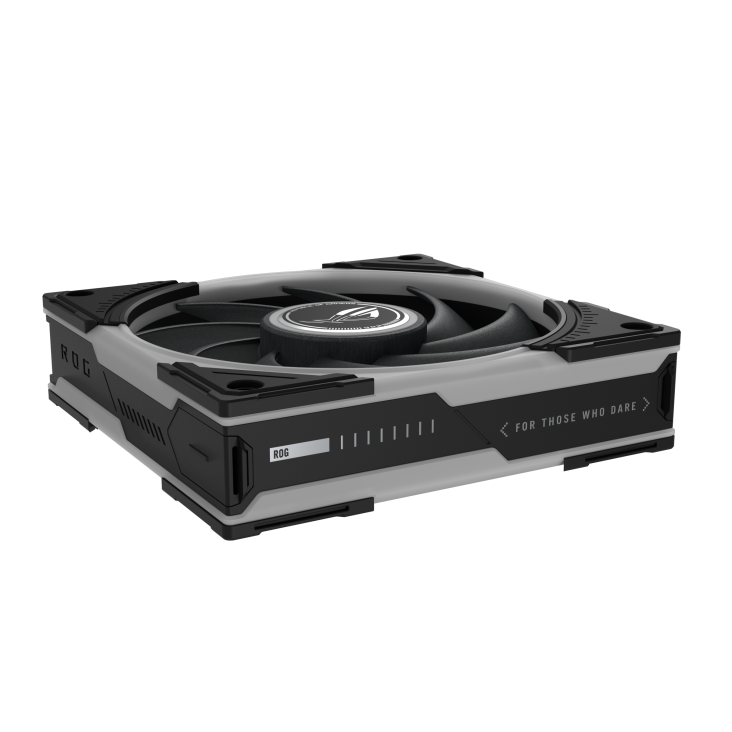 ROG Eurux GR120 ARGB Fan Black side angle view with ROG pattern