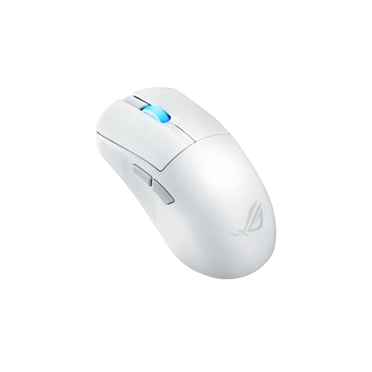 An angled side view of the ROG Harpe Ace Mini mouse in Moonlight White