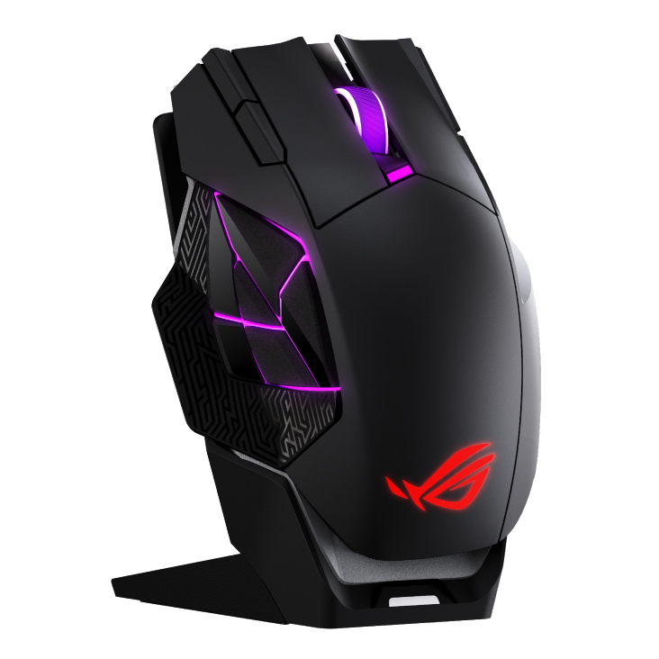 Spatha X 65K mouse on its charging dock from a side angle