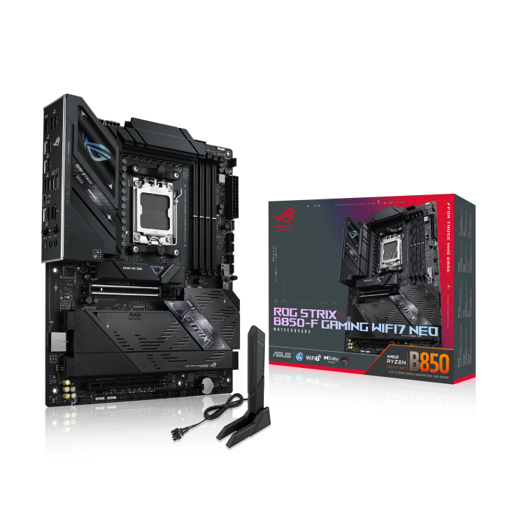 ROG Strix B850-F Gaming WiFi 7 Neo motherboard standing upright next to its product color box