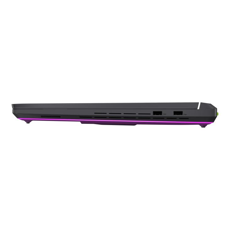  ROG Strix G18 (2026) central underglow strip illuminates the laptop's base with a vibrant, customizable purple radiance.