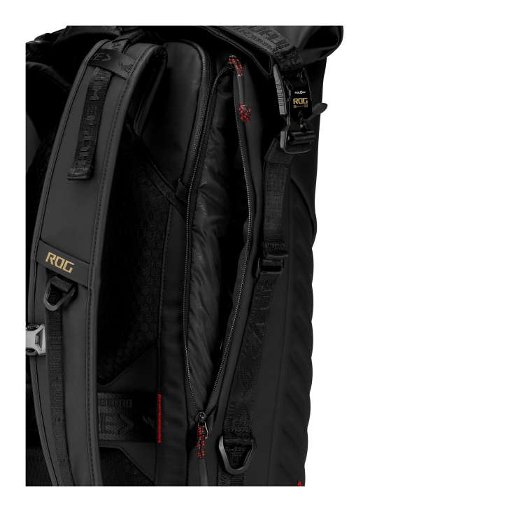 Black ROG backpack with open side pocket
