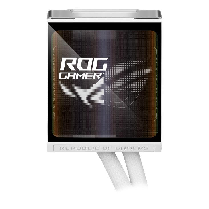 ROG Strix LC IV 360 ARGB LCD White Edition – top-down angled view of the pump block showing the screen, tubing, and copper baseplate