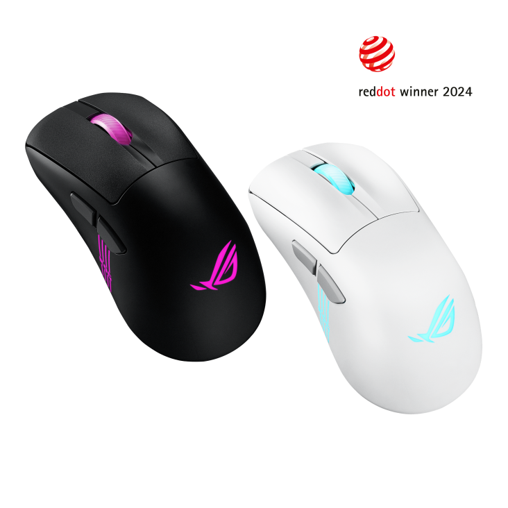 Angled view from the left of the ROG Keris II Origin in both black and moonlight white
