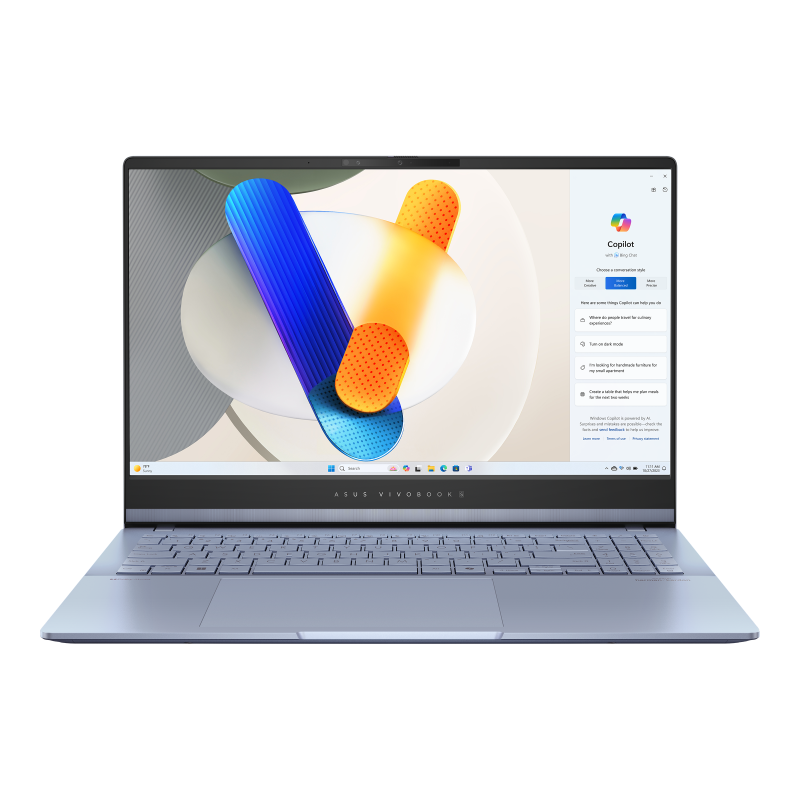 Mist Blue ASUS Vivobook S 15 OLED display opened from the front view.