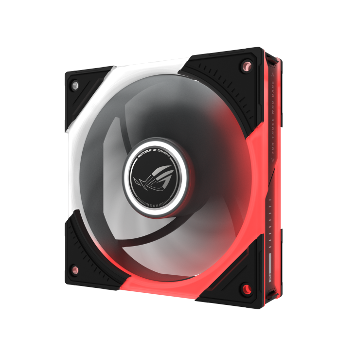 ROG Eurux GR120 ARGB Fan reverse blade Black left 45 degree angle with rotating fan blade and ARGB lighting