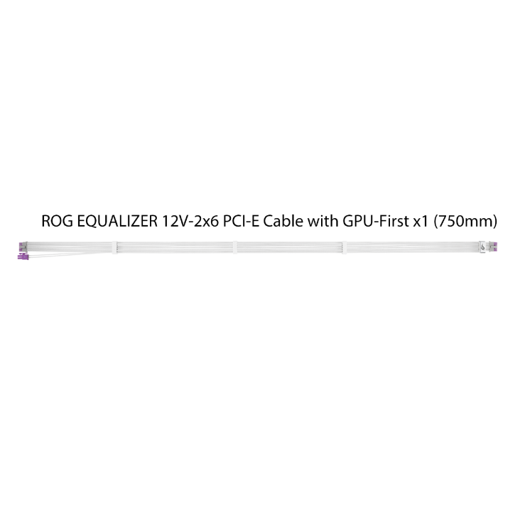 ROG Equalizer White Edition, a straight white etched cable, the text beside it identifies it as an ROG Equalizer 12V-2x6 PCI-E cable featuring GPU-First technology, with a length of 750 mm