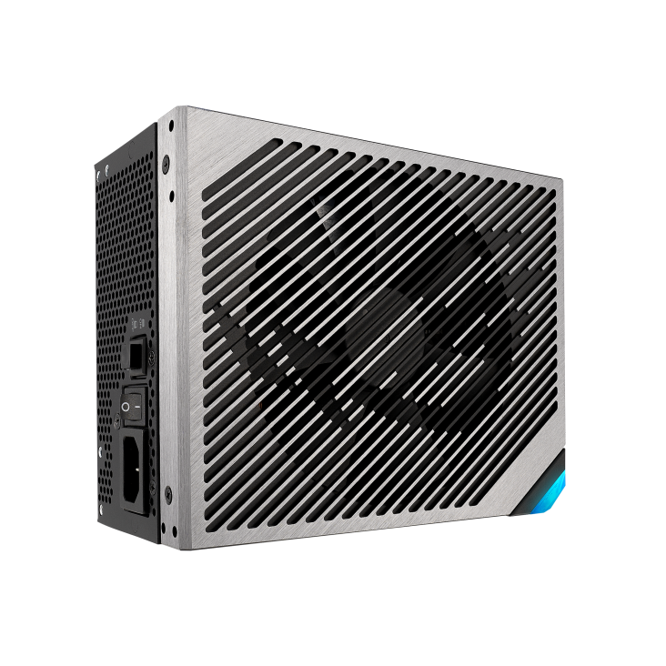 ROG Thor 1200W Platinum III with ROG Equalizer upright angle showing the top and left side