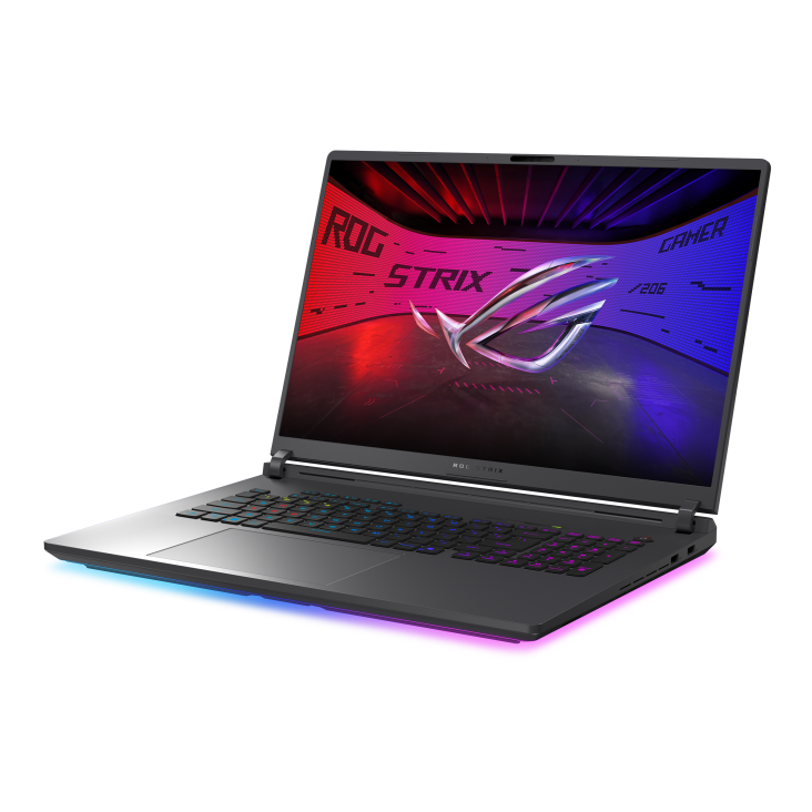 ROG Strix G18 (2026) powerful black chassis, dynamic blue illumination, immersive display, delivering elite gaming.