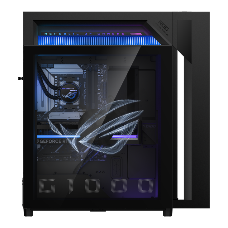 07_ROG G1000 (2026) GM1000 A hovering ROG logo is projected from the fan, with a joystick on the left glass