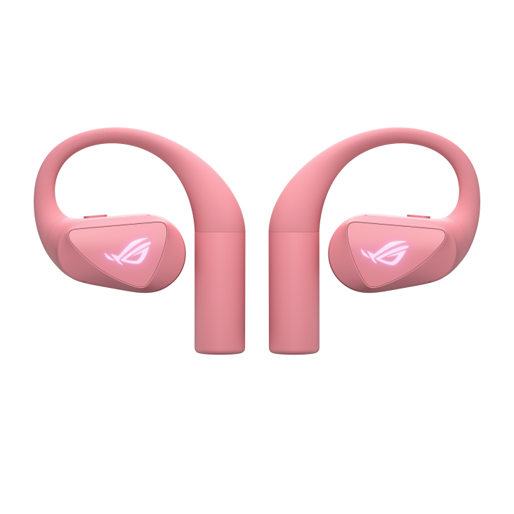 Front-facing flat view of ROG Cetra Open Wireless gaming earbuds in Dusk Pink.