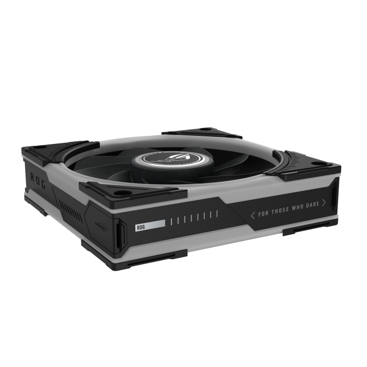 ROG Eurux GR120 ARGB Fan reverse blade Black side angle view with ROG pattern