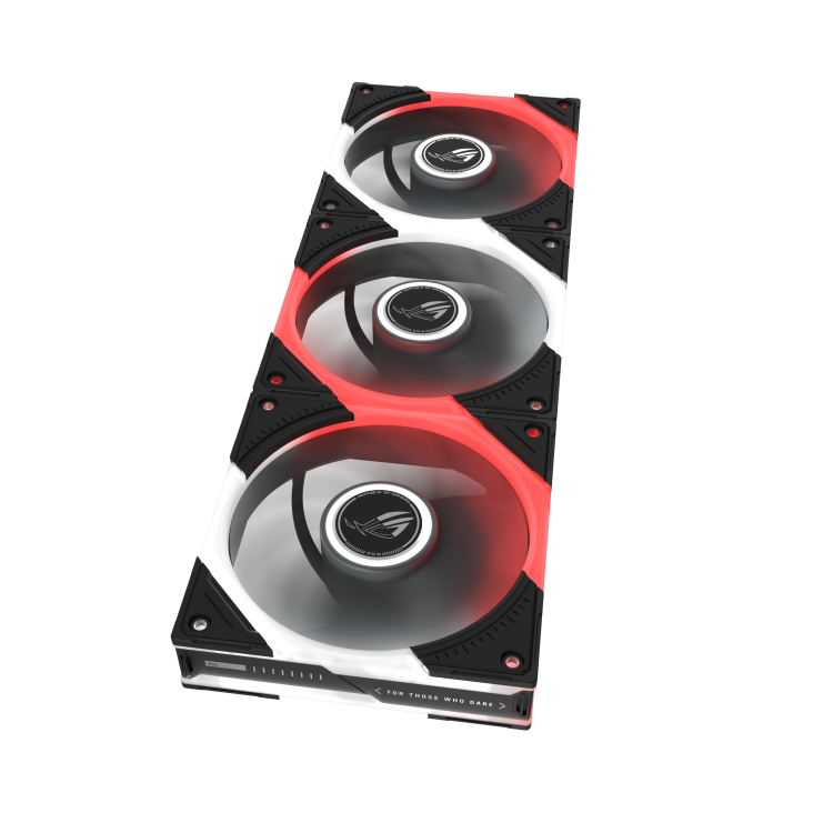 High-angle top view of the ROG Eurux GR120 ARGB fans reverse blade, displaying the detailed pattern on the central hubs and the sweep of the blades under red and white lighting.