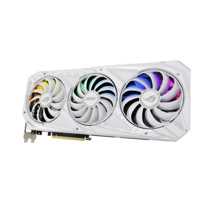 ROG-STRIX-RTX3080-O10G-WHITE graphics card, front angled view