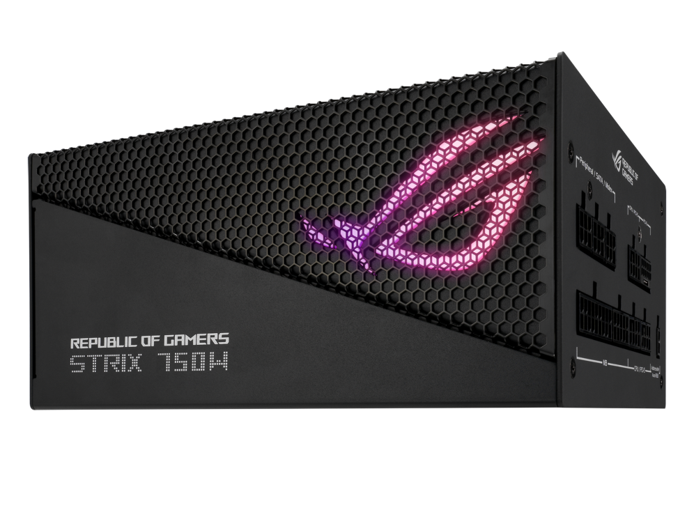 Front-side angle of ROG Strix 750W Gold Aura Edition with light effect