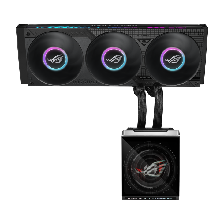 ROG Strix SLC IV 360 ARGB LCD – front view of the full unit, fans cropped at top, pump block below with a radar-shield graphic on the LCD