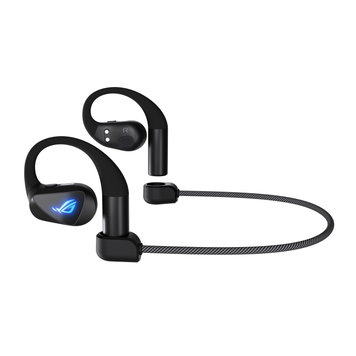 ROG Cetra Open Wireless gaming earbuds with detachable reflective neck strap attached