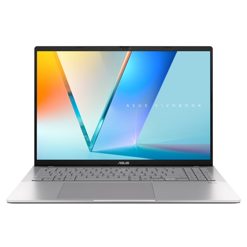ASUS Vivobook S16 opened at 90-degree from the front view with JS wallpap