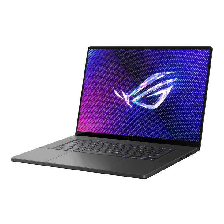 Off center shot of the front of the Zephyrus G16, with the ROG Fearless Eye logo on screen